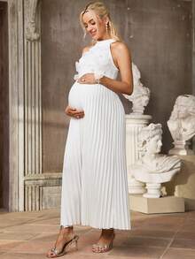 SHEIN Vestido de Festa e Passeio Fashionável com Decote Halter e Decoração Floral para Gestantes - Branco - Visão 3