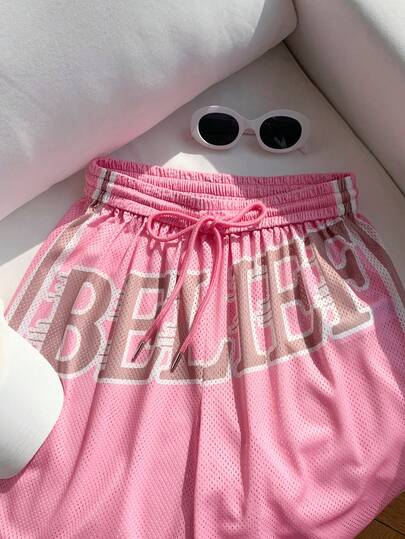 Comfortcana Pink Digital Letter Print Mesh Casual Sports Shorts