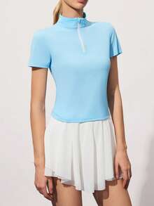 CourtClass CourtClass Women's Fashionable Golf Polo Shirt,Front Zipper Half-Open Collar Short Sleeve Fitted Sports Top,Elegant Summer Tennis Outfit,Baby Blue Golf Attire - Baby Blue - View 6