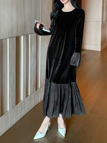 FRIFUL Women's Patchwork Mid-Length Fleece Lining Dress - Black - View 5