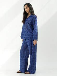 KSTM Women's Eyelet Embroidered V-Neck Long Sleeve Top And Wide Leg Palazzo Pants Schiffli Co-Ord Set Summer Casual Two Piece Outfit - Blue - View 4