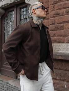 Artur Kramer 男士长袖纯色拉链休闲外套，秋冬摩卡色飞行员夹克，男士拉链外套，男士休闲短款外套，棕色外套 - 咖啡棕 - 查看 5