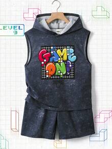 Tetris™ X SHEIN 2pcs/Set Tween Boy Casual Style Hoodie Vest And Shorts Set, Comfortable And Versatile - Dark Grey - View 1