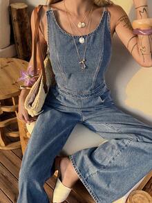 DAZY Women's Round Neck Sleeveless Jumpsuit, Casual Washed Denim Jumpsuit - Medium Wash - View 8