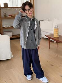 Dazy Kids Tween Boy Crew Neck Contrast Trim Front Button Long Sleeve Sweater Spring - Grey - View 5