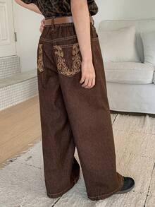 Dazy Kids Tween Girls' Embroidered Pocket Design Denim Jeans - Brown - View 6