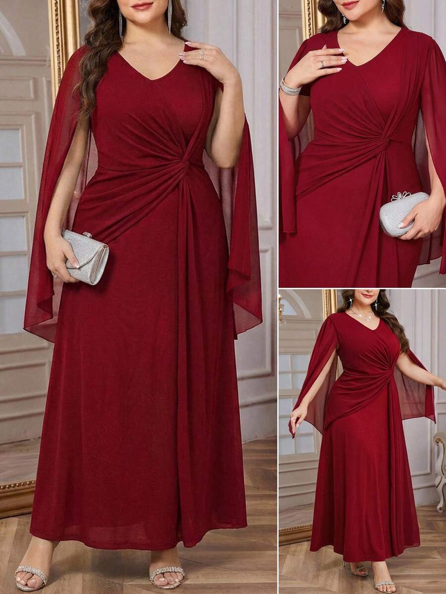 Reflora 大码女式纯色斗篷袖褶皱设计优雅连衣裙 - 紅色 - 查看 1