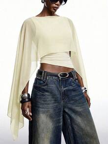 LYSMO 2026 New Minimalist Asymmetric Hem Cropped T-Shirt, Sheer Casual Top, Apricot - Apricot - View 4