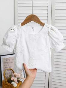 Emery Rose Kids Emery Rose Kids Young Girl Woven Solid Color Round Neck Embroidered Puff Sleeve Casual Shirt Kids Blouses For Girls Clothes Spring Cute Tops Blouse - White - View 3
