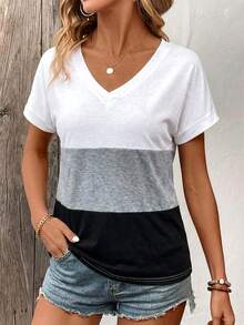 Lymera Camiseta feminina casual com decote em V e estampa patchwork, versátil para o trabalho e uso diário, primavera/verão. - Multicolorido - Ver 3