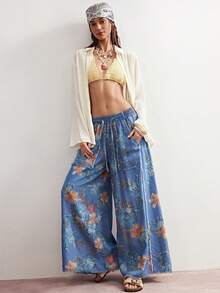 SHEIN BohoFeels Boho Spring/Summer, Vintage Women's Casual Woven Bohemia Vintage Floral Print Vintage Washed Wide Leg Pants, Casual Vacation, Western Country Style Concert Party, Suitable For Beach Vacation & Daily Wear & Back To School & Going Outs & Party & Graduation, 2000s, Y2Ks, Summer Holidays - Blue - View 4