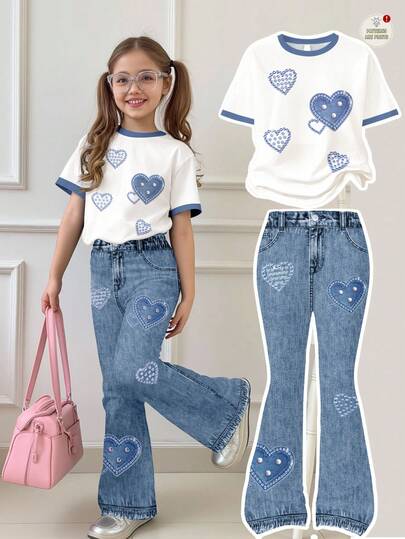 2-pack set med kortärmad topp och byxor för tweenflickor, avslappnat minimalistiskt, lämpligt för sommaren