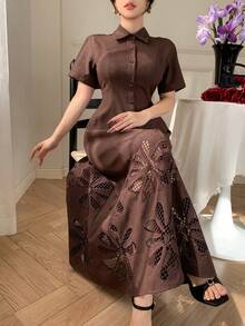 Dazy-Less 女士优雅通勤镂空刺绣前扣腰连衣裙，夏季 - 咖啡棕 - 查看 4