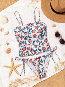 Swim Mod 2026 Women's Spring/Summer Beach Camisole Tankini Set, Fresh And Sweet Pomegranate Fruit Print, Fabric, Bow Tie, Suitable For Vacation, Beach - Multicolor - View 6