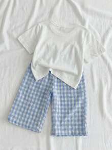 SHEIN Vintaside Kids 两件套婴儿幼儿男童水果字母休闲短袖上衣和格子裤套装，适合夏季、居家和旅行。婴儿T恤、婴儿服装、婴儿套装、男童夏季服装、男童水果主题格子裤。 - 藍白色 - 查看 12