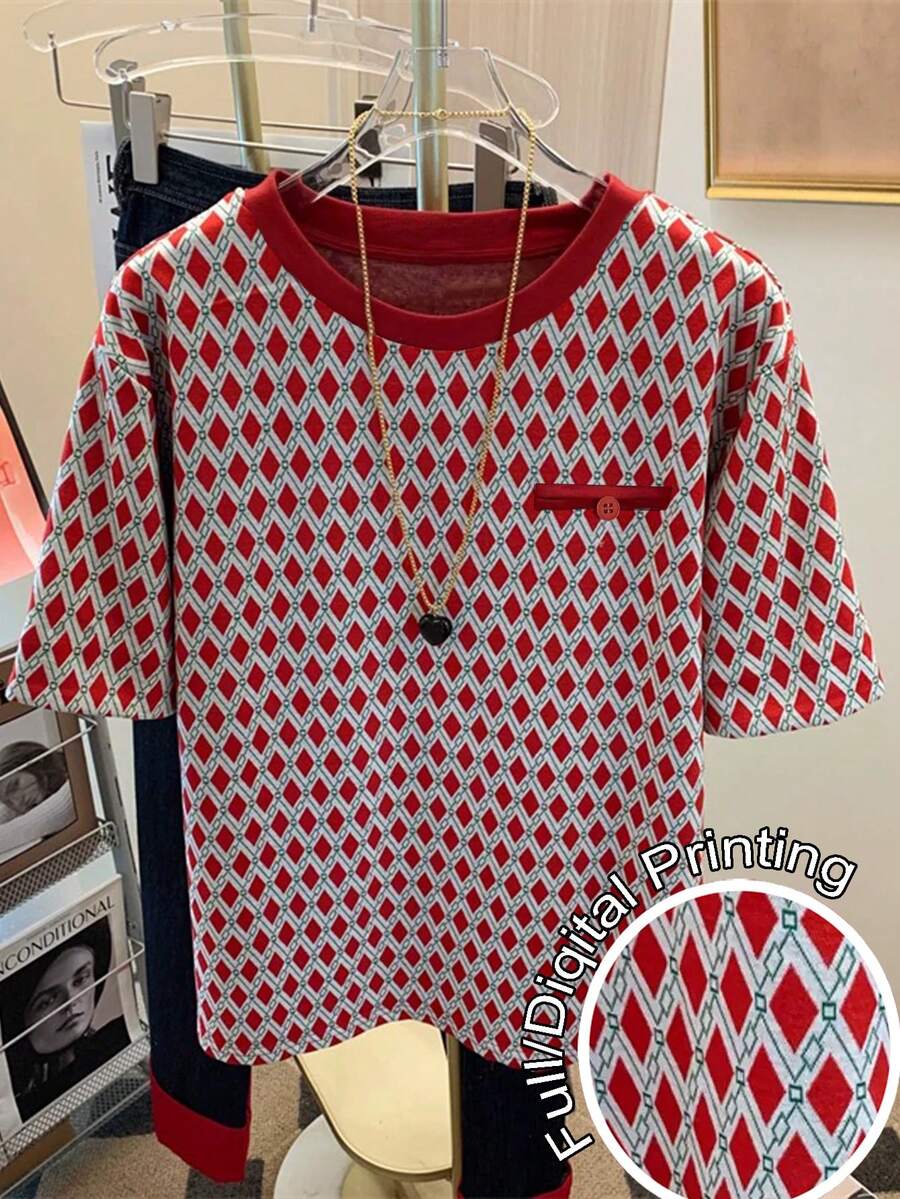 Resyla 女士宽松圆领常规肩部印花短袖T恤 - 紅色 - 查看 1