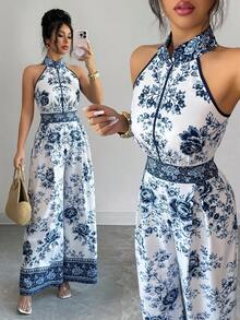 Elenzga Women's Blue Digital Positioning Print Halter Sleeveless Pleated Wide Leg Pants, Relaxed Fit High-End Elegant Fitted Jumpsuit, Spring/Summer - Blue - View 8