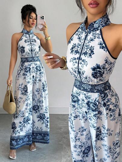 Elenzga Women's Blue Digital Positioning Print Halter Sleeveless Pleated Wide Leg Pants, Relaxed Fit High-End Elegant Fitted Jumpsuit, Spring/Summer