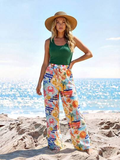 Sylviya Dames vakantie casual tanktop in effen kleur en broek met tropische print, 2-delige set