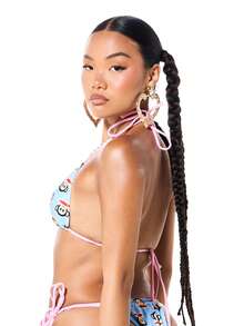 SUMWON X PAUL FRANK SUMWON WOMEN 女士三角比基尼套装，卡通印花，粉色系带设计，挂脖式上衣和侧系带泳裤，适合海滩夏季穿着 - 藍色 - 查看 2