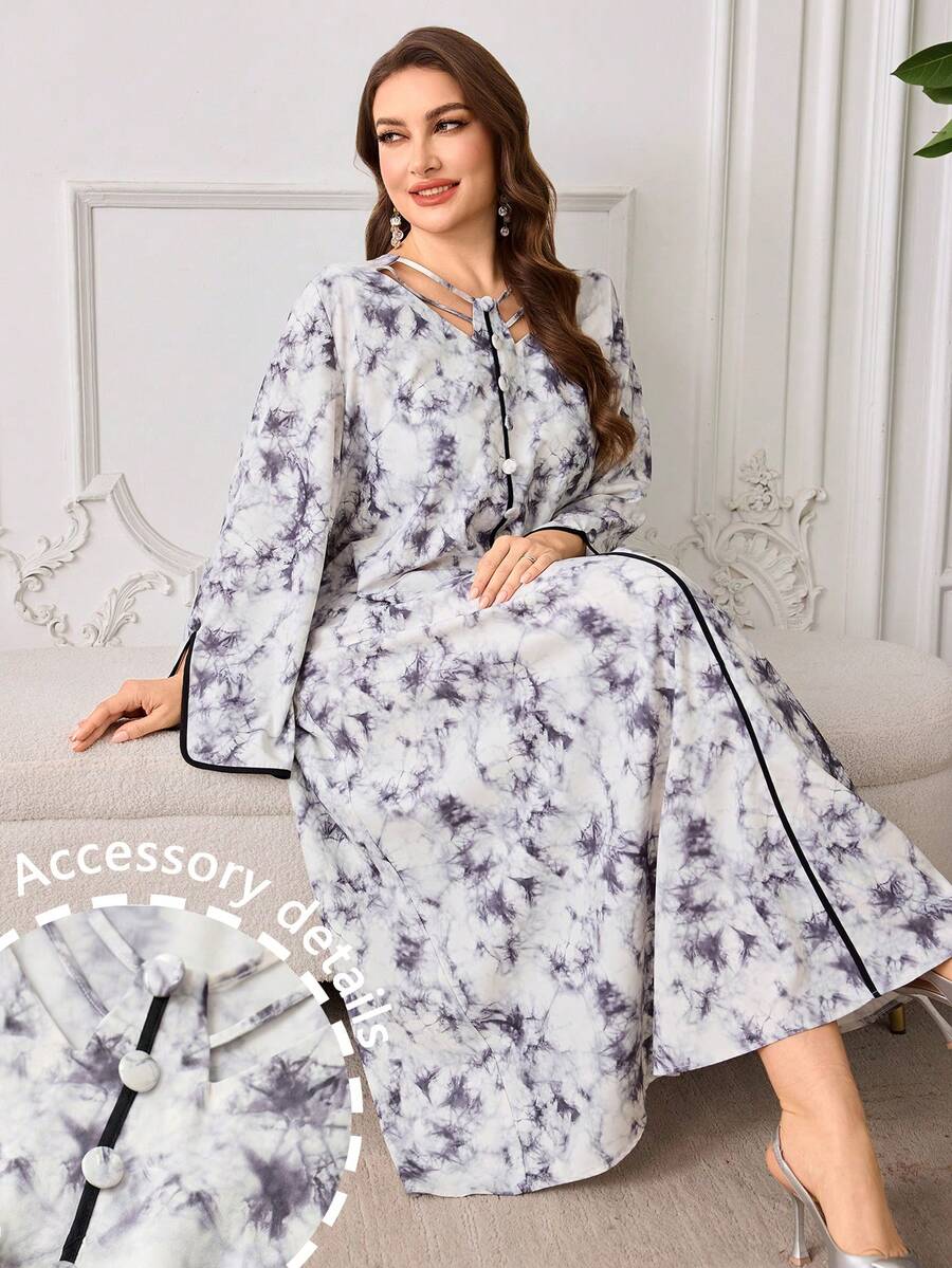 Al Najma Plus Size Women's Elegant Tie-Dye Arabic Style Long Sleeve Maxi Dress,White,Summer,Jamican,Modest,Vacation - Multicolor - View 1