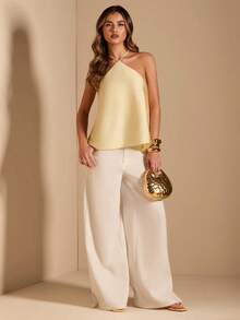 SHEIN BAE Women's Solid Yellow Spaghetti Strap Backless Asymmetrical Hem Minimalist Satin Blouse, Casual Wear,Women's Social Blouse - Yellow - View 2