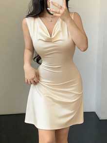 Modelyn Sleeveless Shiny Collar Cinched Waist Elegant Lady's Mini Dress - Apricot - View 1