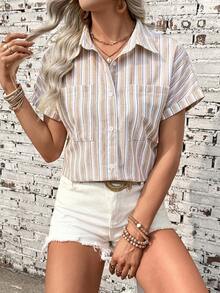 SHEIN Holidaya 休闲度假开襟条纹女式衬衫 - 卡其色 - 查看 5