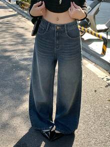 DAZY 女士常规款中腰宽松直筒休闲牛仔裤 - 中等水洗藍 - 查看 7