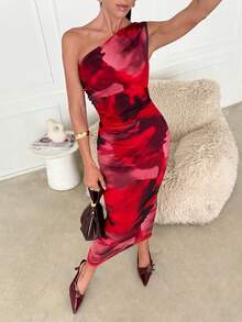 Lavishia Red Abstract Print Sleeveless Bodycon Midi Dress, Suitable For Summer - Red - View 1