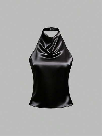 Sweetra Solid Color Halter Draped Open Back Tie Camisole