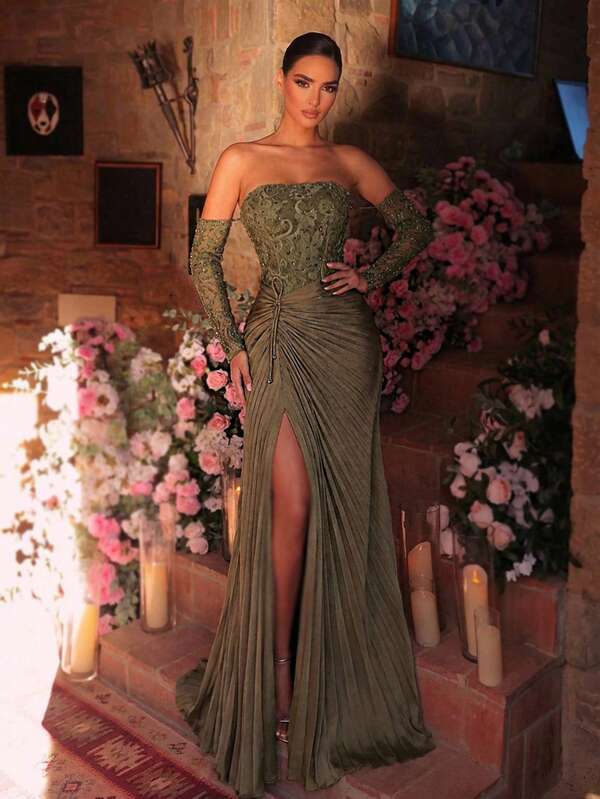 Glamrae Elegant Olive Green Wavy Beaded Lace & Satin Patchwork Strapless Sheer Long Sleeve Mermaid High Slit Maxi Dress, Suitable For Dates, Weddings, Parties, Galas, Vacations