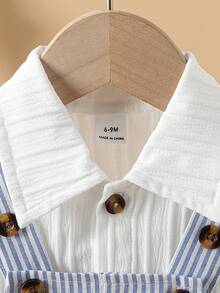 SHEIN Baby Boys' Blue & White Striped Bear Graphic Overalls Set With White Casual Shirt, Suitable For Daily Outings, Family Gatherings, Photo Shoots, Casual Trips, Valentine's Day Outfit - Blue - View 6