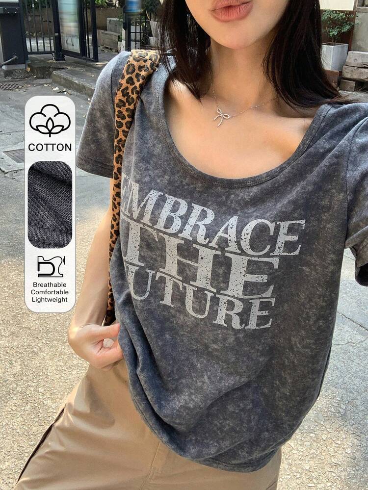 Women's Slogan Print Round Neck Loose Casual Short Sleeve T-Shirt Graphic Tees Women