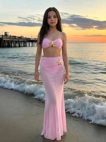 SHEIN Tween Girl Vacation 3pcs Blue Starfish Metal Button Bikini 3 Pieces Set, Beach Holiday Light Pink Two Piece Set Two Piece Bathing Suit Girls Two Piece Bathing Suit Girls Light Pink Mermaid Tail Skirt Long Skirt 2 Piece Set Pink Skirt Set - Pink - View 1