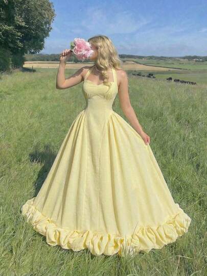 SHEIN MOD Women's Solid Color Ruched Ruched Hem Elegant Halter Neck Dress,Summer,Vacation Outfits, Retro, Vintage,Country Outfits,  Going Out,Teacher Outfits For Women,Date, Picnic, Party, Prom, Festival,Birthday Wear, Cottagecore Dress,Tea Party Dress,Milkmaid Dress,French Style Dress,