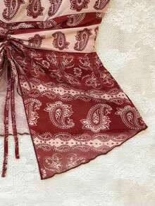 Elamini 女士休闲度假优雅日常时尚街头风波西米亚佩斯利印花抽绳不对称下摆抹胸上衣 - 彩色 - 查看 4