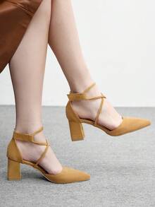 CUCCOO BIZCHIC 女士时尚杏色交叉绑带魔术贴尖头粗跟高跟鞋，适合通勤、约会、派对、节日、婚礼、情人节、春假、复活节、舞会等场合。 - 駝色 - 查看 4