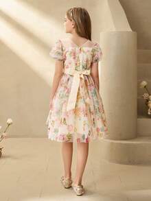 儿童晚礼服公主裙花童婚礼礼服，女童花瓣袖连衣裙，高端花童/钢琴演奏会演出服 - 香檳色 - 查看 2