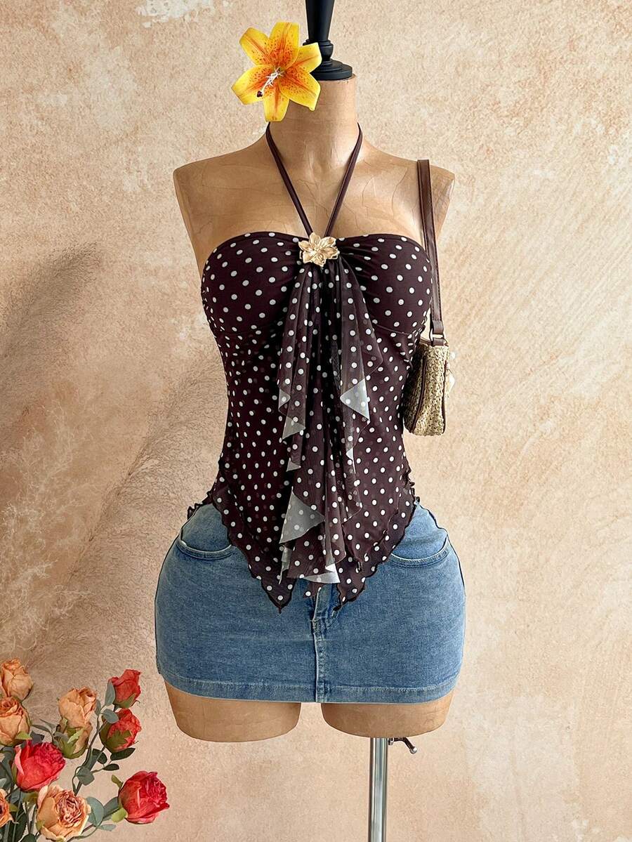 Soleia 秋冬度假风金属花朵装饰波点图案露背不对称下摆女式背心，适合海滩度假、夏季穿着 - 棕色 - 查看 1