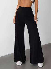 SHEIN PETITE 女士高弹力阔腿黑色长裤 - 黑色 - 查看 3