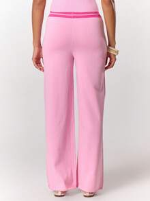 MUSERA 低腰撞色抽绳阔腿轻薄针织长裤，仅限春夏度假优雅海滩可爱机场海滩别墅机场假日秋季返校秋冬日常时尚毛衣 - 粉色 - 查看 2