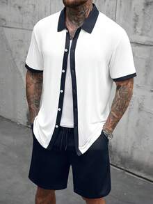 Manfinity CasualCool 男士撞色滚边纽扣短袖衬衫和纯色短裤套装 - 藏蓝色 - 查看 3