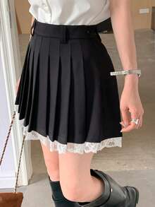 DAZY Women's Elegant Contrast Lace Pleated A-Line Skirt, Suitable For Office Commute In Summer - Black - View 8