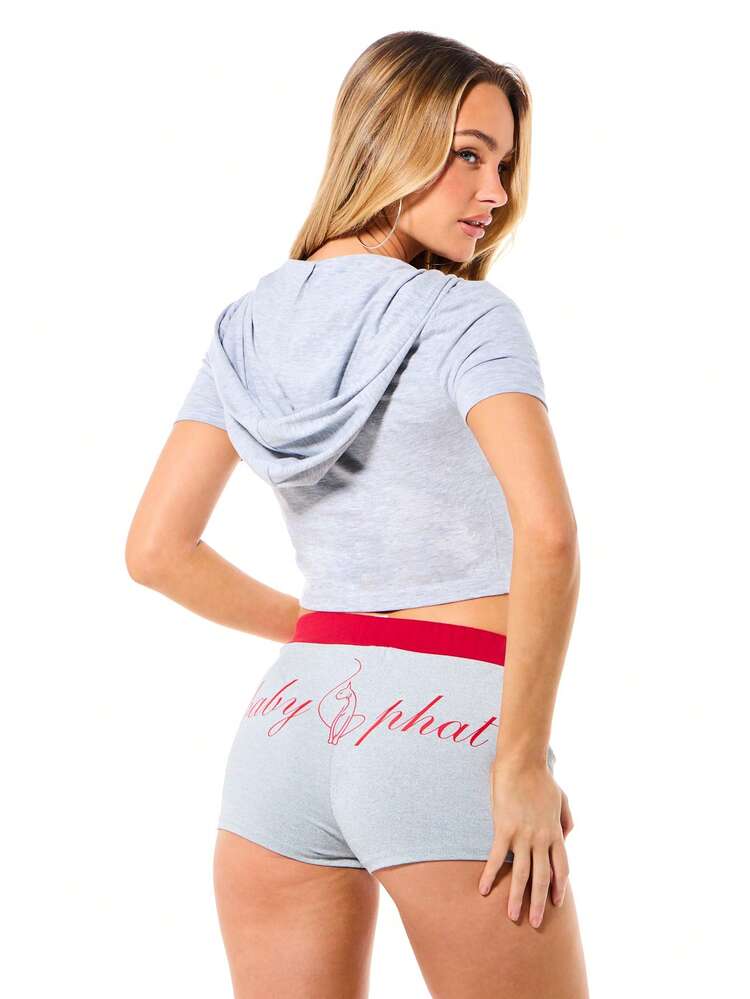 BABYPHAT Women's Short Sleeve V-Neck Hooded Crop Top With Text Print Jersey Fabric Casual Comfort Top