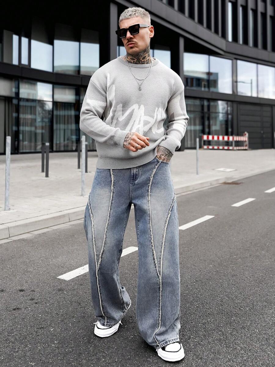 Artur Kramer 男士休闲字母图案圆领长袖针织毛衣，秋冬 - 灰色 - 查看 1