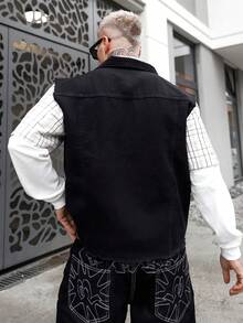 Artur Kramer Men's Single-Breasted Frayed Casual Denim Vest Jacket Boyfriend & Husband Business Casual Regular Washed Black For Slim Fit College Mens Grunge Clothes - Black - View 2