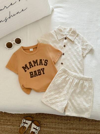 3件套男女宝宝休闲可爱格子短袖衬衫、短裤和卡其色短袖针织上衣套装，男宝宝度假裙套装，套装