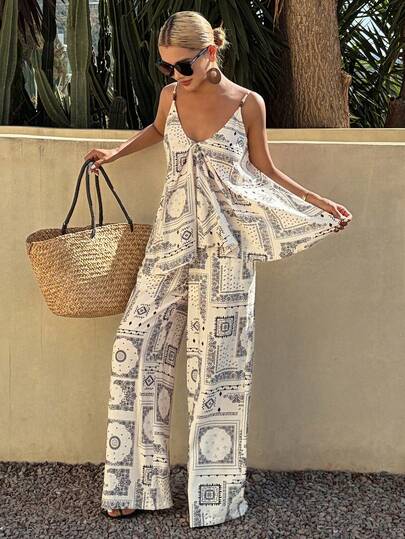 DAZY Women's Printed Camisole Top And Loose Wide-Leg Pants, Vacation Casual Two Pieces Set