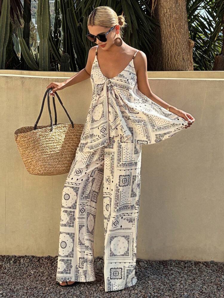 Women's Printed Camisole Top And Loose Wide-Leg Pants, Vacation Casual Two Pieces Set Summer